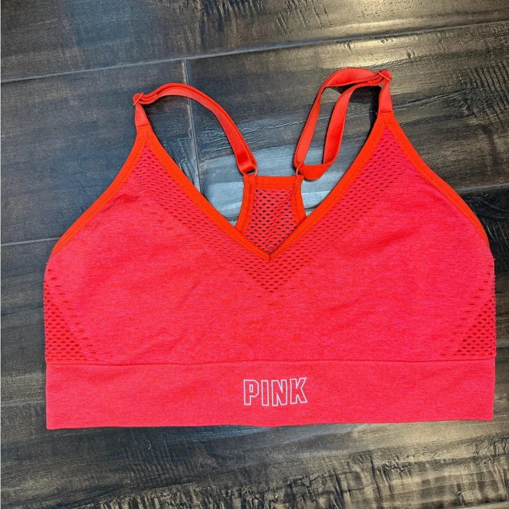 PINK Victoria's Secret Seamless Sports Bra Heather Red Orange Mesh V-Neck Large - Picture 1 of 7